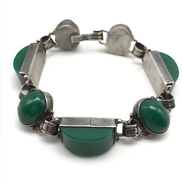 Vintage 925 Sterling Silver Mexico Green Onyx Panel Link Bracelet 7.25" - Picture 1 of 10